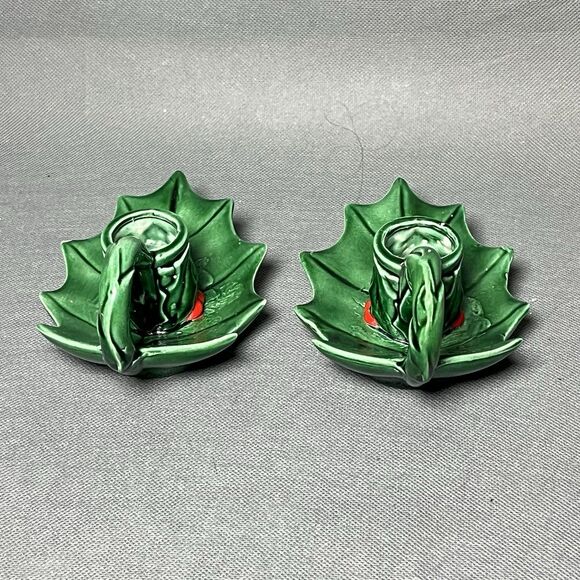 Vintage Antique Christmas Holly Berries Green Candle Stick Holders Holiday Decor - Picture 7 of 13